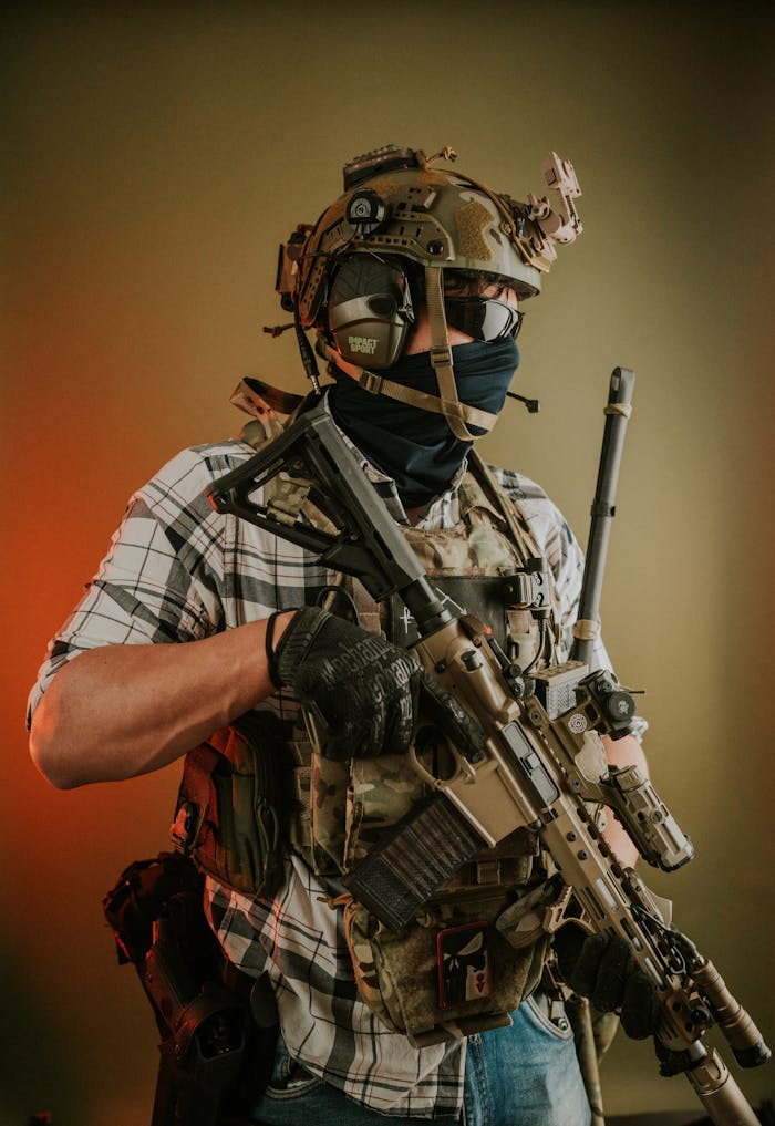 A soldier in full tactical gear and helmet holding a rifle, ready for action.
